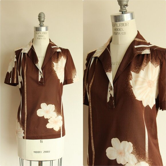 Vintage Tops - Vintage 1970s Blouse, Brown and White Floral Print Nylon Short Sleeved Shirt
